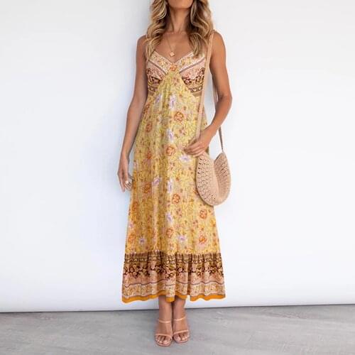 Boho Summer Dress Women Multicolor V-neck Flower Print Sleeveless Maxi Long Dresses For Women Sexy Party Woman Dress New Robes