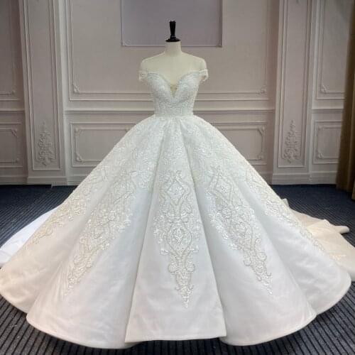 Marnham Bridal Dresses Luxury Wedding Gown Hand Made Beaded Off the Shoulder V Neck Backless Pearls Vestido De Novia Long Train