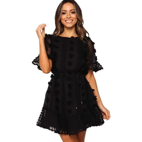 Black Crew Neck Swiss Dot Mini Dress Women Solid O Neck Half Sleeve Short A Line Dress
