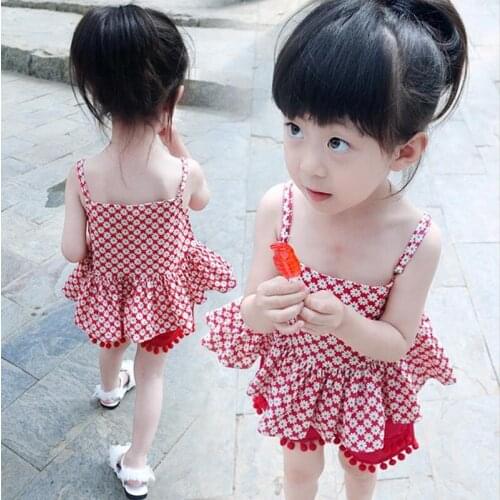 DFXD Kids Summer Clothes 2017 New Casual Girls Outfits Sling Flower Print Vest Top+Small Ball Shorts Children Clothing Set 2-8Y