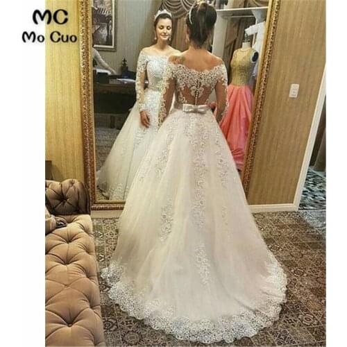Elegant Off Shoulder Wedding Dress Long Sleeve with Appliques Lace Bow Bridal Gown Tulle Bridal Gown Wedding Gowns