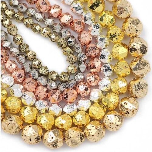 Rose Gold Black Faceted Round Natural Volcanics Lava Stone Spacers Loose Beads For Jewelry Making 6/8/10/12mm Bracelets DIY 15