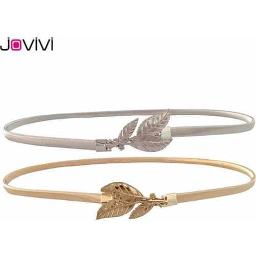 Jovivi 1pc Women Dress Thin Belts Metal Leaves Elastic Stretch Waist Belt Strap Cummerbund Waistband Silver/Gold Color Optional