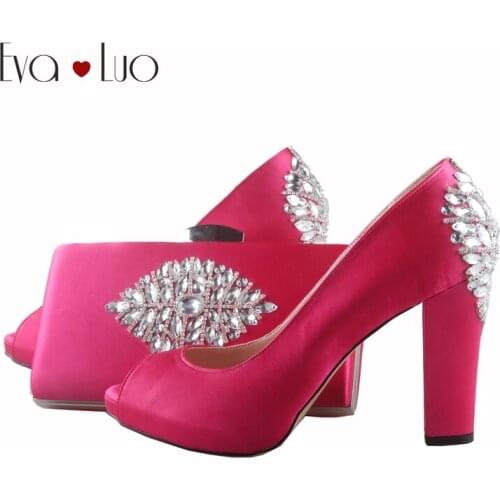 BS748 Custom Made Fuchsia Crystal African Shoes With Matching Bag Set Block Heel Women Pumps Shoes Big Size Bridal Wedding Shoes