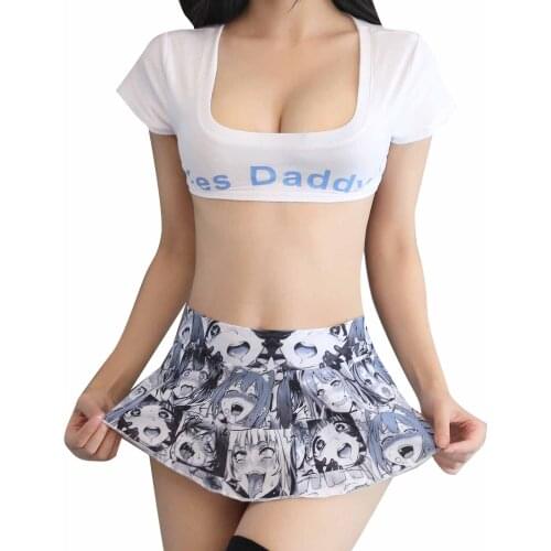 Womens Sexy Role Play Costumes 2Pcs Erotic Lingerie Set Sleepwear Short Sleeve Square Neck Tank Tops with Anime Print Mini Skirt