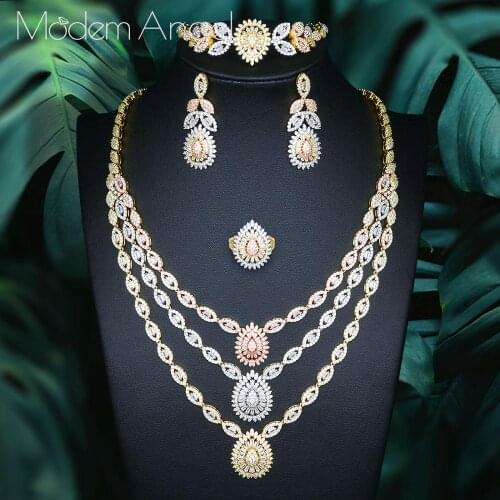 ModemAngel 3 layer cubic zirconia african indian multi layer necklace earrings bracelet ring full wedding bridal jewelry sets