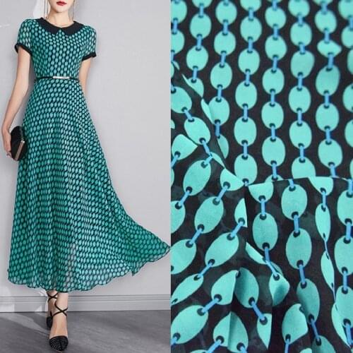 Fashion 100 % Polyester Georgette Chiffon Fabric New Lake Water Green Color Chain Printing Dress Shirt Sewing Fabric Transparent