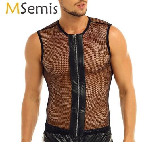 MSemis Mens Fashion Sexy Clubwear Sleeveless See-through Muscle Fishnet Top T-Shirt Zipper Summer Moto Parties Vest Crop Tops