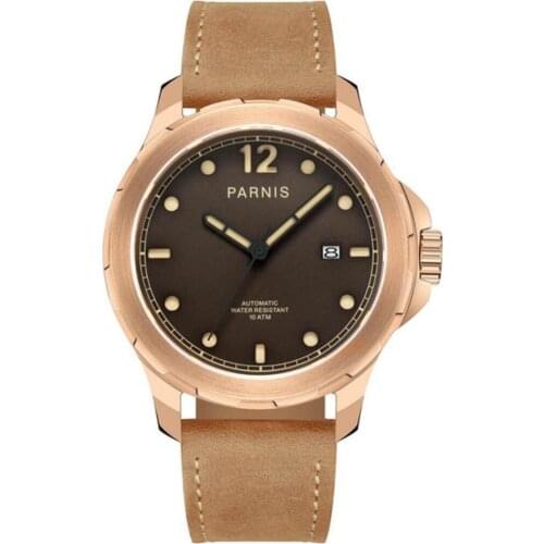 Parnis 44mm Mens Mechanical Watches Military Watch Men Automatic Wrist Watch Sapphire Auto Date Brown Genuine Leather Watchband