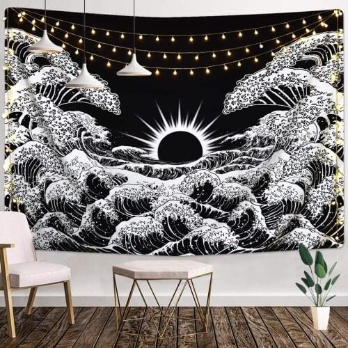 Black landscape Wall hanging Tapestry aesthetic moon Mountain Wave Sunset Psychedelic tapiz Mandala carpet dorm headboard decor