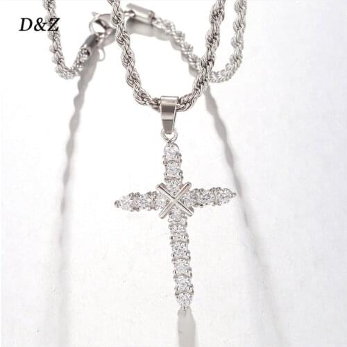 D&Z New Cross Pendant Necklace Stainess Steel With CZ Stones White Gold Color Hip Hop Charm Necklace Jewelry Men Women Gift
