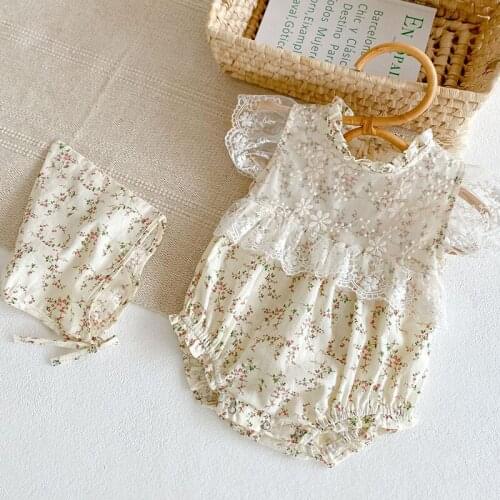 Print Lace Baby Girl Sleeveless Cute Romper Hat 2 Pieces Sets Summer Bodysuit For Newborns Overalls Jumpsuit 0-3 Years Babies