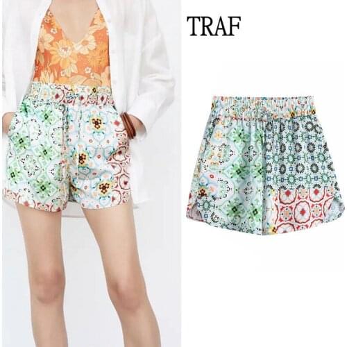 TRAF Za Womens Shorts Summer Print Loose Elasti High-Waisted Bermuda Shorts For Women Casual Shorts Chic Women Clothing Pocket