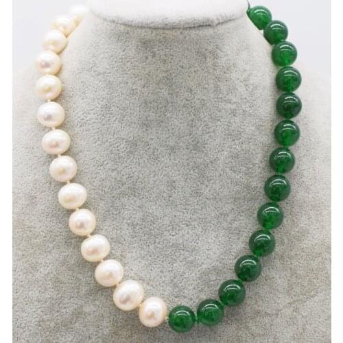 UNIQUE!green jade round and freshwater pearl white near round 12mm 18inch wholesale beads nature FPPj