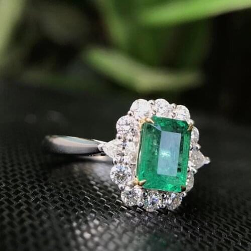 AEAW Jewelry 18K White Gold 0.14ct Natural Emerald Ring Anniversary Ring Emerald Cut Green Gemstone Ring Women Jewelry