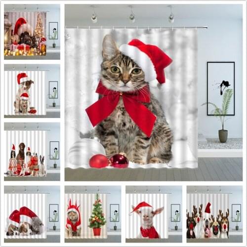 Funny Animal Shower Curtains Christmas Cute Pet Dog and Cat Wearing Xmas Hat New Year Bathroom Decor Cloth Curtain Sets