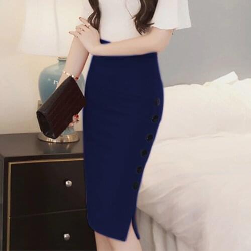 Women Elegant Slim Pencil Skirts High Waist Ladies Skirt Side Split Button Office Ladies Bodycon Fitted Skirts