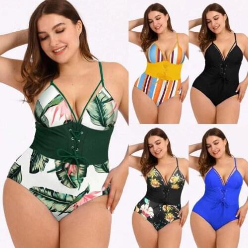 2021 Vintage Retro Plus Size Swimwear Women One Piece Swimsuit Push Up Monokini Large Size Bathing Suits Beachwear Swimming Suit