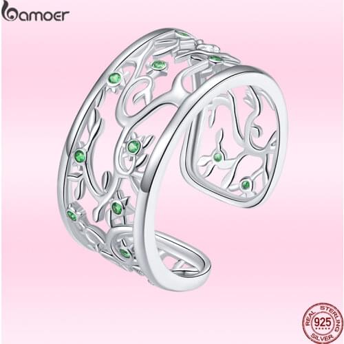 Bamoer Tree of Life Wide Finger Rings for Women 925 Sterling Silver Free Size Adjustable Ring Band New Design Bague BSR125