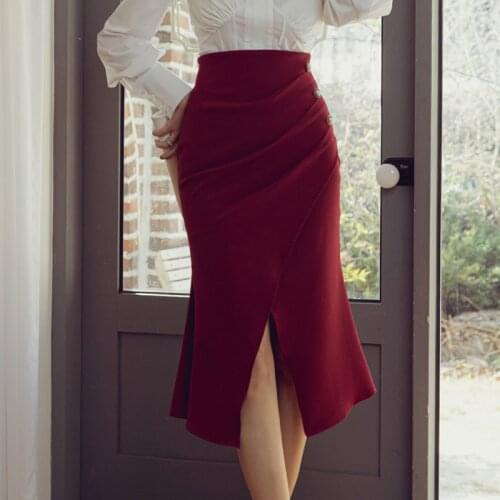 2021 Spring New Women Mid Dress High Waist Buttons Slit Pencil Dress Elegant Red Pleated Skirt Jupe Faldas Mujer