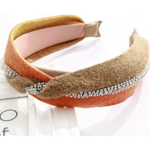 Winter Wool Crystals Cross Headband Women Autumn Headdress Wide Head Band Rhinestones Chains Weaving Ladies Hairband Hair Hoop