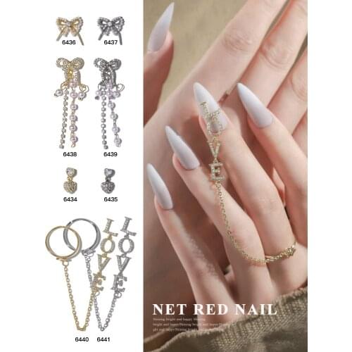 5pcs zircon alloy Nail art decoration Delicate Zircon Ring Chain Pearl Pendant Bow Valentines Day metal nail art accessories