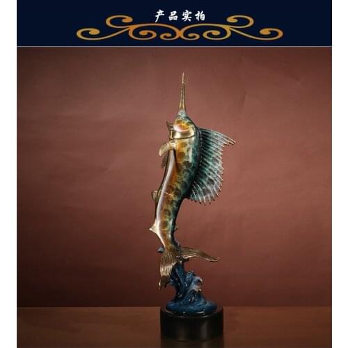 Antique bronze Pure Copper Brass Europe Style Exquisite Brass Swordfish Statue Pure Copper Animal Sculpture Home Office Business
