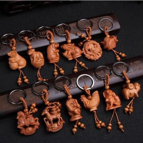 Keychain Natural Wood Keyring 12 Zodiac Animal Dragon Tiger Sheep Rabbit Monkey Snake Keyring Gift For Kids Bag Accessories