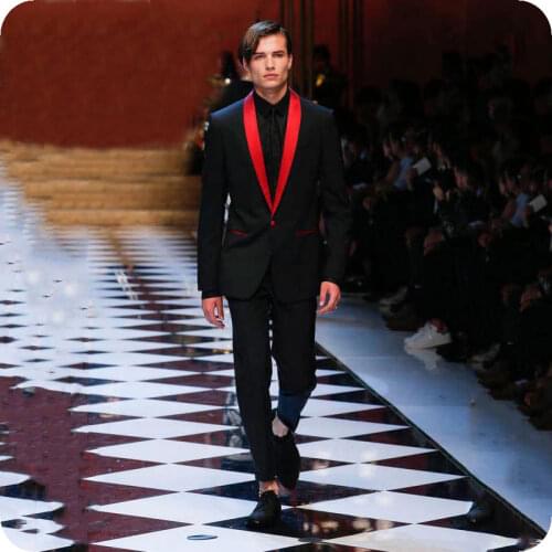 Black Stage Men Suits Red Shawl Lapel Wedding Suits Tuxedos Best Man Blazer Prom Slim Fit Formal Groom Wear 2piece Costume Homme