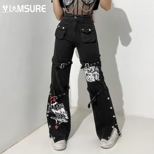 IAMSURE Gothic Printed Jeans Casual Cool Streetwear Dark Loose Low Waisted Wid Leg Pants Women Fashion Trousers Autumn Winter