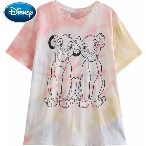 Disney T-Shirt Fashion The Lion King Simba Nala Cartoon Tie-dye Print Short Sleeve Harajuku Women Cotton Korea Tee Tops Femme