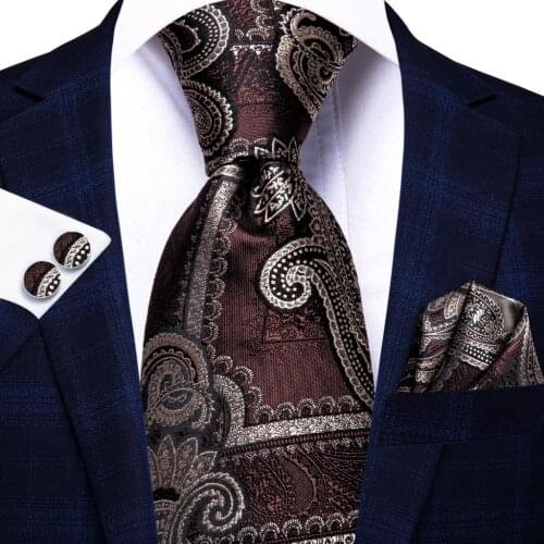 Hi-Tie Brown Ivory Paisley Silk Wedding Tie For Men Handky Cufflink Set Fashion Designer Gift Tie For Men Necktie Business Party