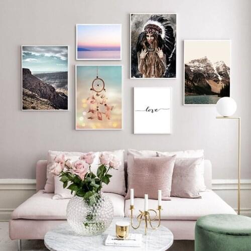 Tribal Girl Dream Capture Scandinavian Canvas Poster Mountain Sunset Scenery Nordic Print Wall Art Painting Picture Modern Decor