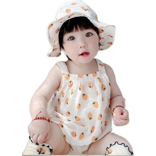 Korean Baby Girls Romper Summer Infant Newborn Sleeveless Girls Print Jumpsuit+hat 2pcs Baby Cotton Linen Lovely Clothes Outfits