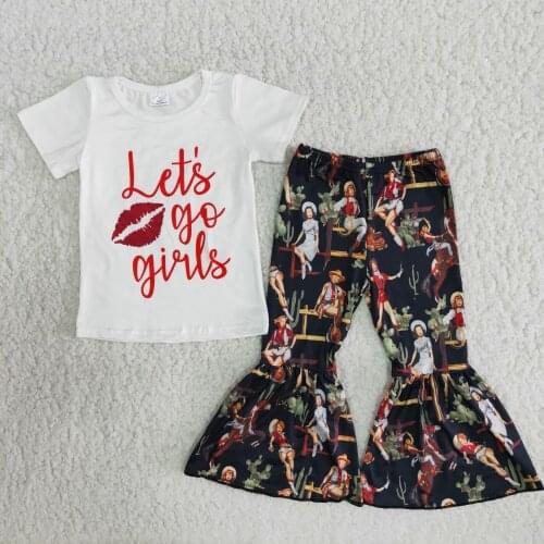 "Lets go girls" New Arrival Short Sleeve Shirt Bell Bottom Pants set for baby girls