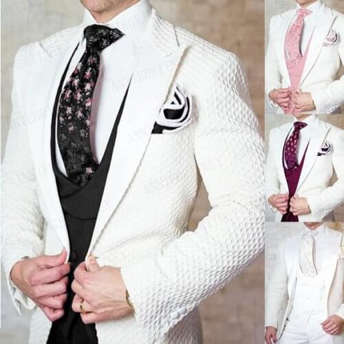 New White Black Men Suits For Wedding 3 Pieces Prom Suit Groom Tuxedo Lattice Blazer Jacket Double Breasted Vest with Pants Set