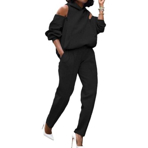 Pant Sets Women Autumn Sexy Long Sleeve Leisure elegance Open Back Off-shoulder Hooded Hoodie Pants Suit Womens Clothing 2021