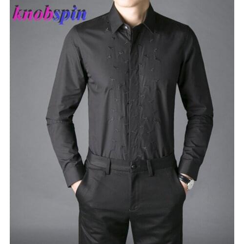 Top Brand Men Shirt 2019 Black White Solid Long sleeve Big Size Camisas masculina Luxury Embroidery Chemise homme Casual Shirts