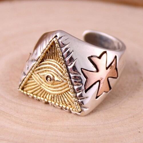S925 genuine sterling silver ring men female silver retro triangle eye of God food ring fashion personality style
