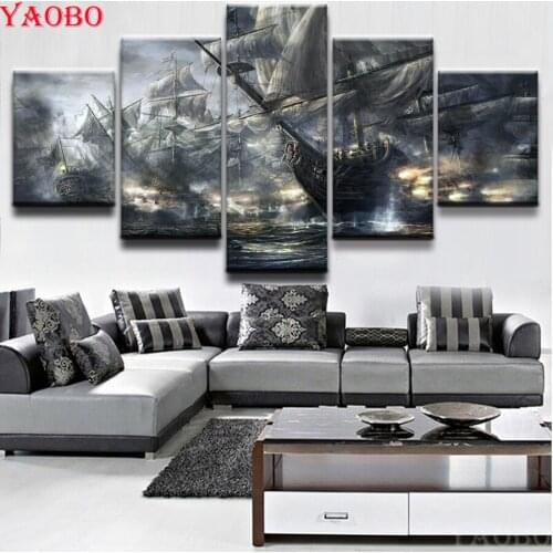 Full square round drill diy diamond painting kits 5 Piece War at sea sailboat Wall Art diamond Embroidery crafts mosaic pattern