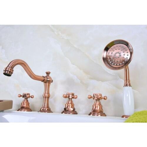Antique Red Copper Brass Deck 5 Holes Bathtub Mixer Faucet Handheld Shower Widespread Bathroom Faucet Set Basin Water Tap atf223