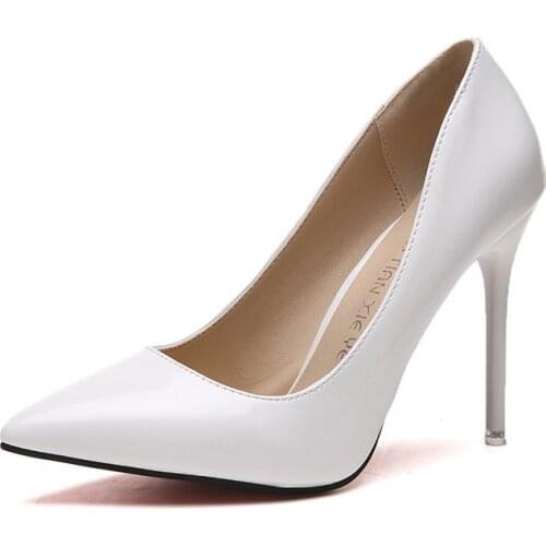 HOT Plus Size 34-44 HOT Women Shoes Pointed Toe Pumps Patent Leather Dress High Heels Boat Shoes Wedding Shoes Zapatos Mujerde39
