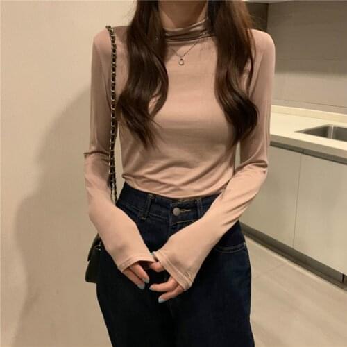 Korean Simple Basic Tees Tops Womens Autumn Winter Turtleneck Long Sleeve Slim Stretch T-shirt Woman Casual Tshirts