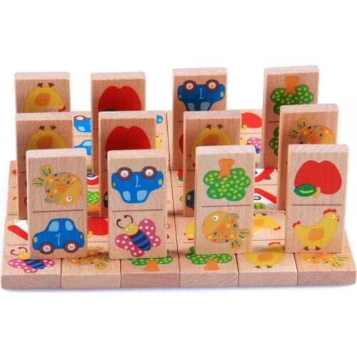 28pcs Baby Wooden Domino Block Toys Cartoon Garden Animal Vehicle Fruit Montessori Building Blocks Educational Toy for Children