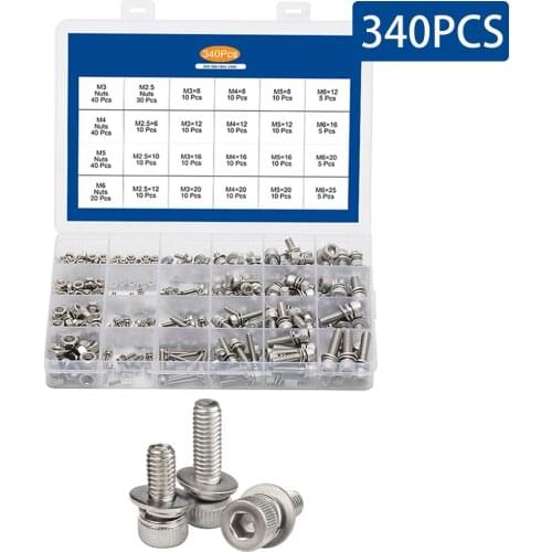 340PCS/Box Hex Socket Head Cap Screw With Washer Nut Three Sem Screw M2.5 M3 M4 M5 M6 Stainless Steel Three Combination Screws