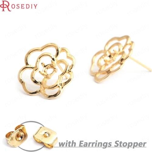 35268)6PCS 18x17.5MM 24K Gold Color Brass Flower Stud Earrings High Quality Diy Jewelry Findings Accessories