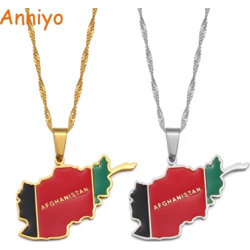 Anniyo Afghanistan Map Flag Pendant Chains Necklaces Afghan Jewelry for Women Men Girls #209221