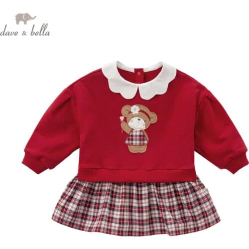 DBM16485 dave bella spring baby girls cute cartoon plaid patchwork T-shirt children tops girl kids fashion tees