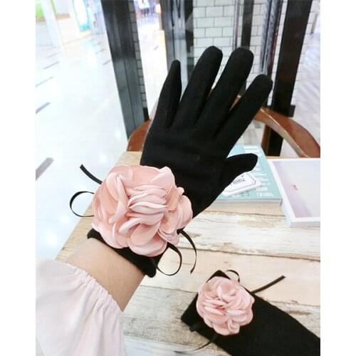 Cashmere Gloves Burned Edge Big Flower Big Bow Korean Style Ladies Winter Fashion Thick Warmth Five-Finger Touch Screen Gloves