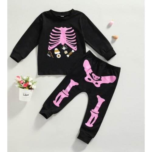 Toddler Girl 2Pcs Halloween Costume, Long Sleeve Skeleton Pullover Tops and Pants Set